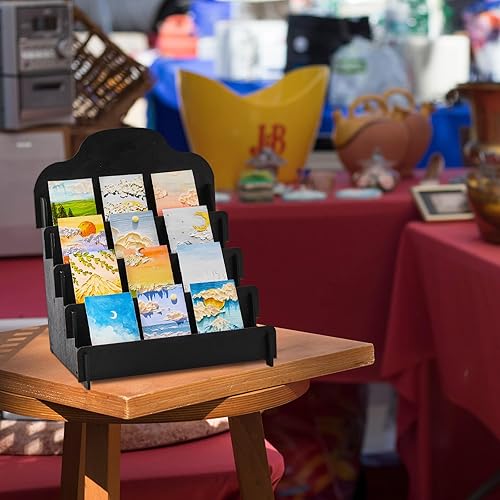 Miniatura 14 de Barydat Soporte de exhibición de tarjetas de felicitación de 4 niveles, soporte de exhibición de calcomanías de madera, estante portátil
