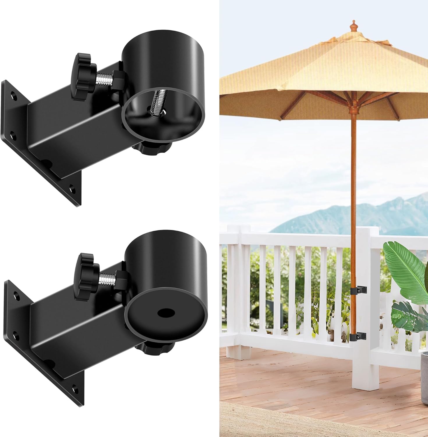 Patio Umbrella Holder Heavy Duty Adjustable Metal Umbrella Clamp Stand Mount Attaches to Railing, Outdoor Courtyard, Balcony, Boats,1sets (1 Base Pieces and 1 top Pieces,to Hold 1 Umbrellas)