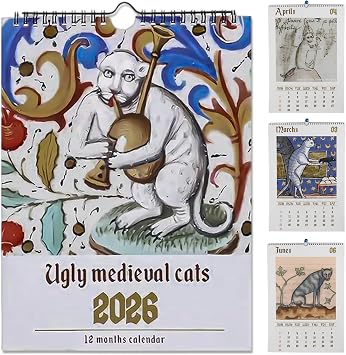 2026 Ugly Medieval Cats Calendar, Quirky Medieval Cat Wall Calendar for Cat Lovers, Weird Horror Cats Calendar Weirdcore Art Decor, Funny Historical Gift