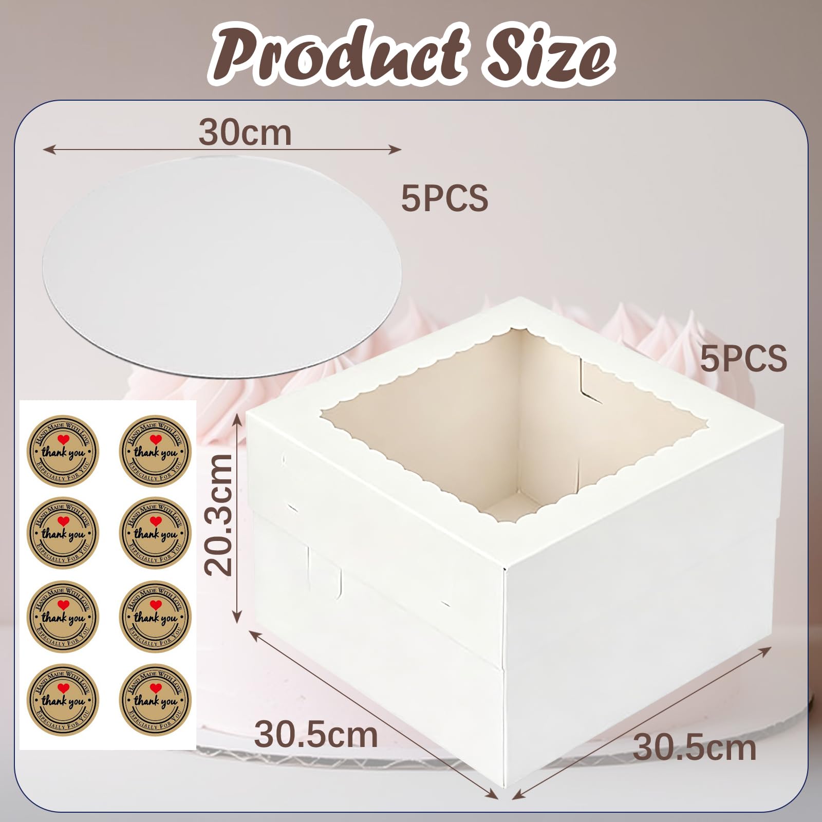Set di 5 Scatola per Torta, 30,5x30,5x20,3cm, Bianche Scatole per Dolci in Cartone, Scatole per Torte con Finestra Vassoi, Porta torta cartone per Dessert, pasticcini (A)