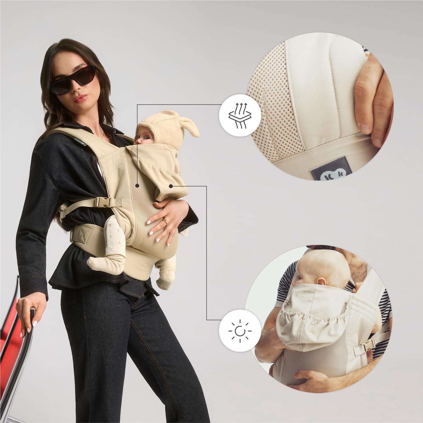 Kinderkraft ergonomische Babytrage CARRYBEE ab 3 Monaten bis 20 kg, verstellbar, feste Kapuze, aus Baumwolle und atmungsaktivem Polyester-Mesh, leicht, Beige