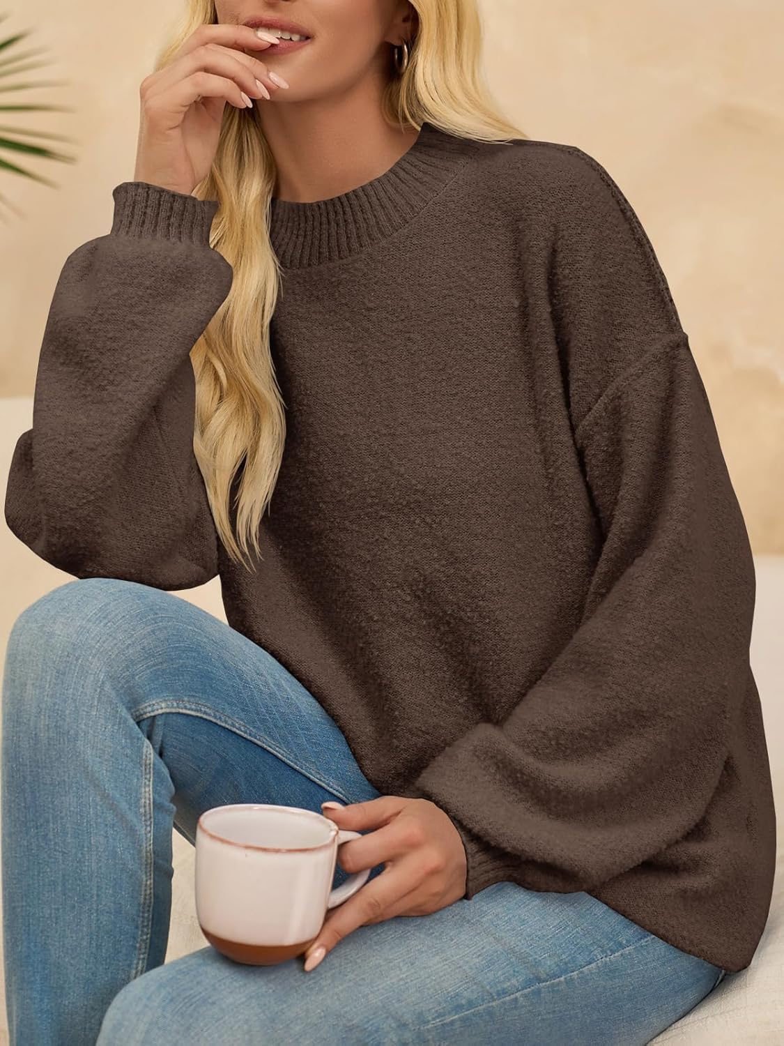 Saodimallsu Womens Crew Neck Sweater Tops Long Sleeve Fuzzy Fall Casual Loose Cozy Knit Pullover Sweaters - Image 4