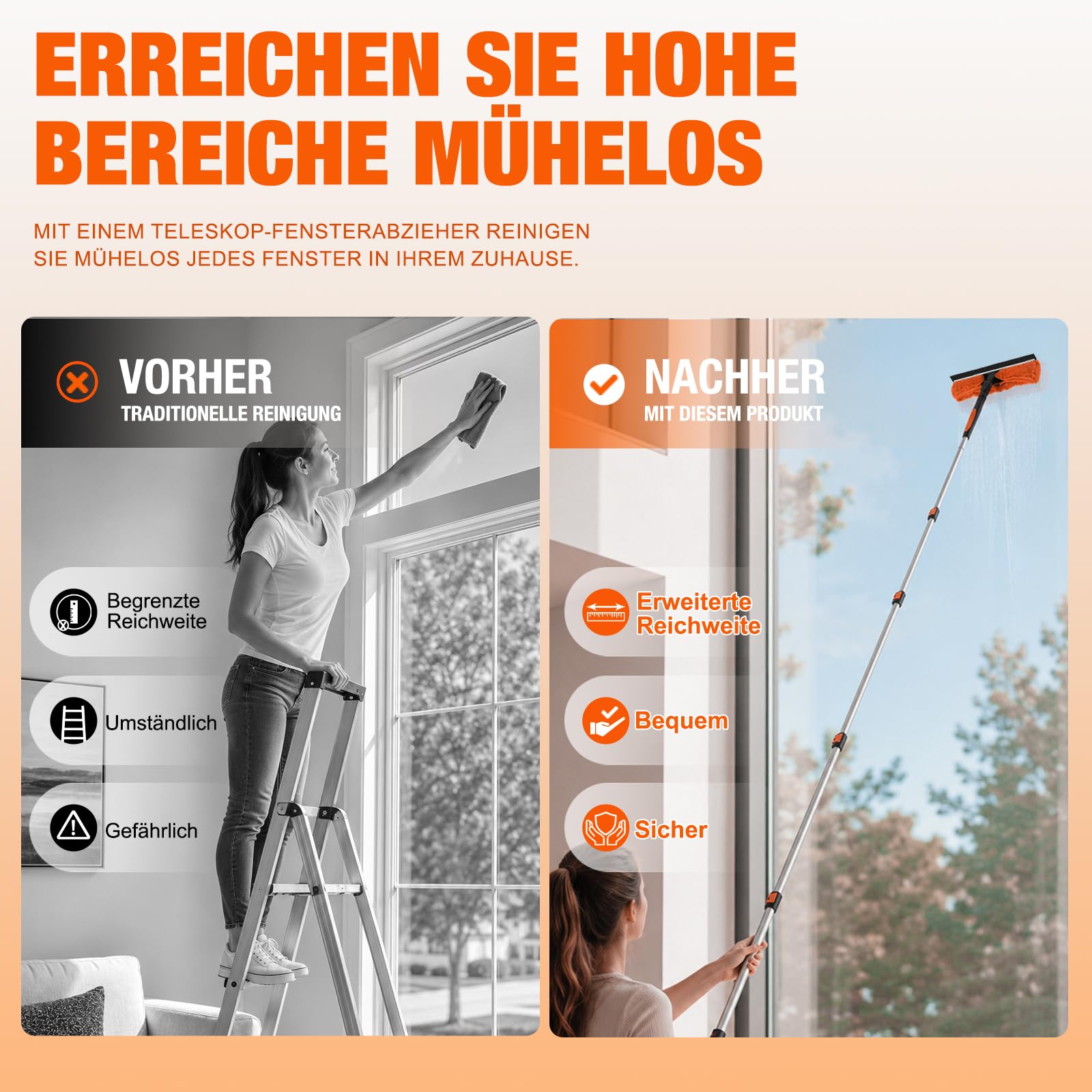 LAANPOLE 9m Fensterputzer Teleskop, 2-in-1 Fensterabzieher für die Fensterreinigung, Fensterwischer mit Teleskopstiel für den Außen- und Innenbereich