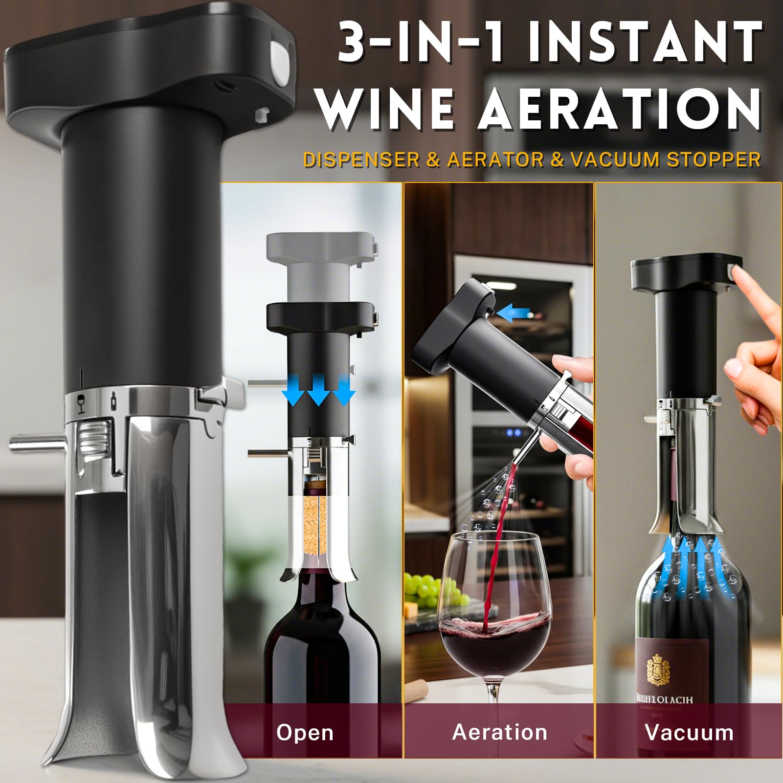ZONSUSE Aérateur de Vin Électrique, 3-en-1 Distributeur de Vin, Verseur et Carafe Intégrés, Système de Préservation du Vin, Conserve le Vin 10+ Jours, Cadeau pour les Amateurs de Vin (Noir Argent)