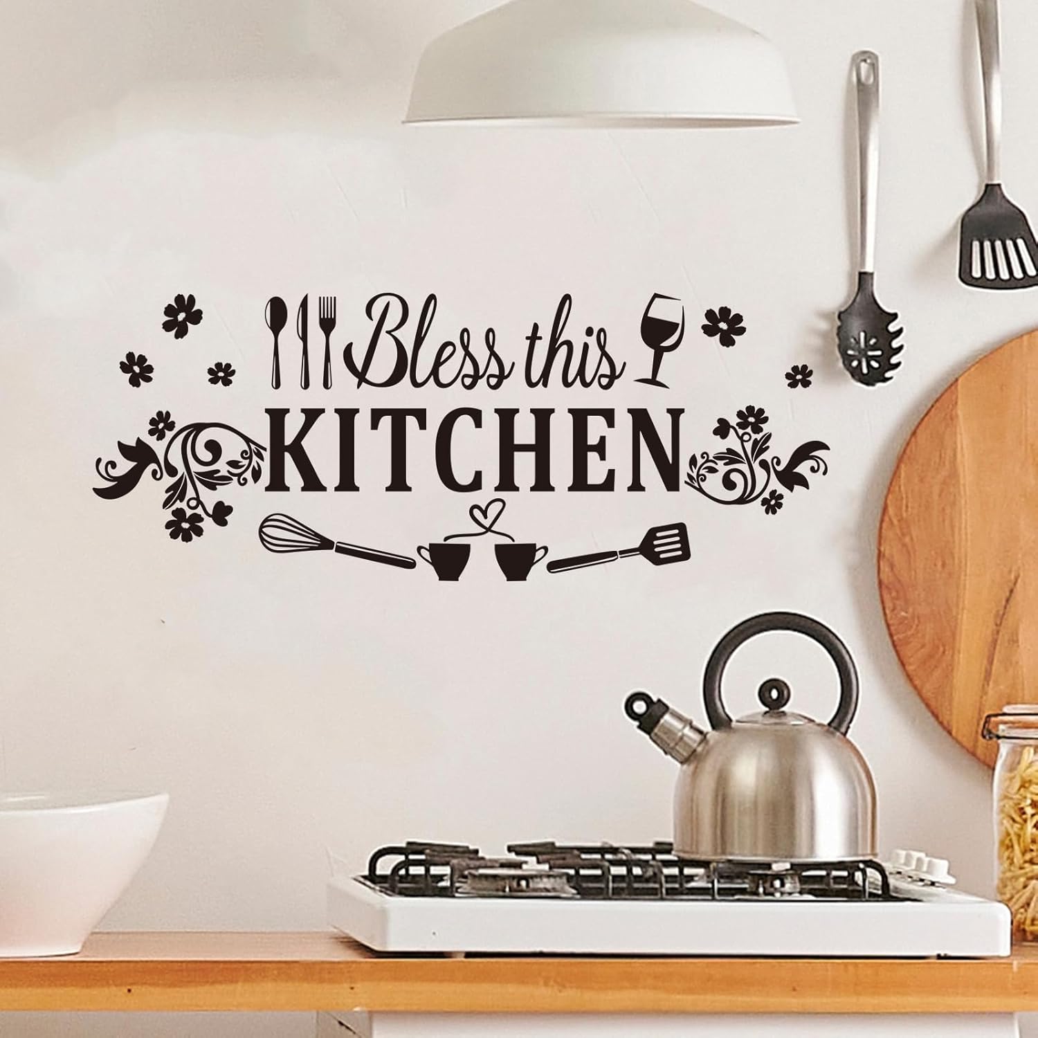 Inspirational Wall Stickers for Dining Room: Home Quotes Vinyl Art Wall Decals for Kitchen Living Room Family Pantry - Bless This Kitchen 41" X 16"