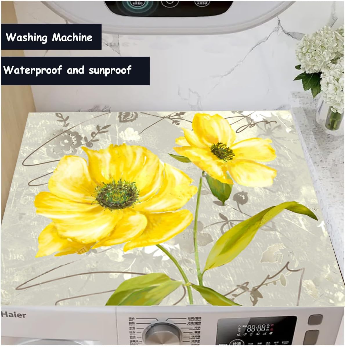 Flowers Washing Machine Dust Cover - Floral Washer Dryer Top Mat, Super Absorbent for Microwave, Refrigerator (Yellow Daisy)