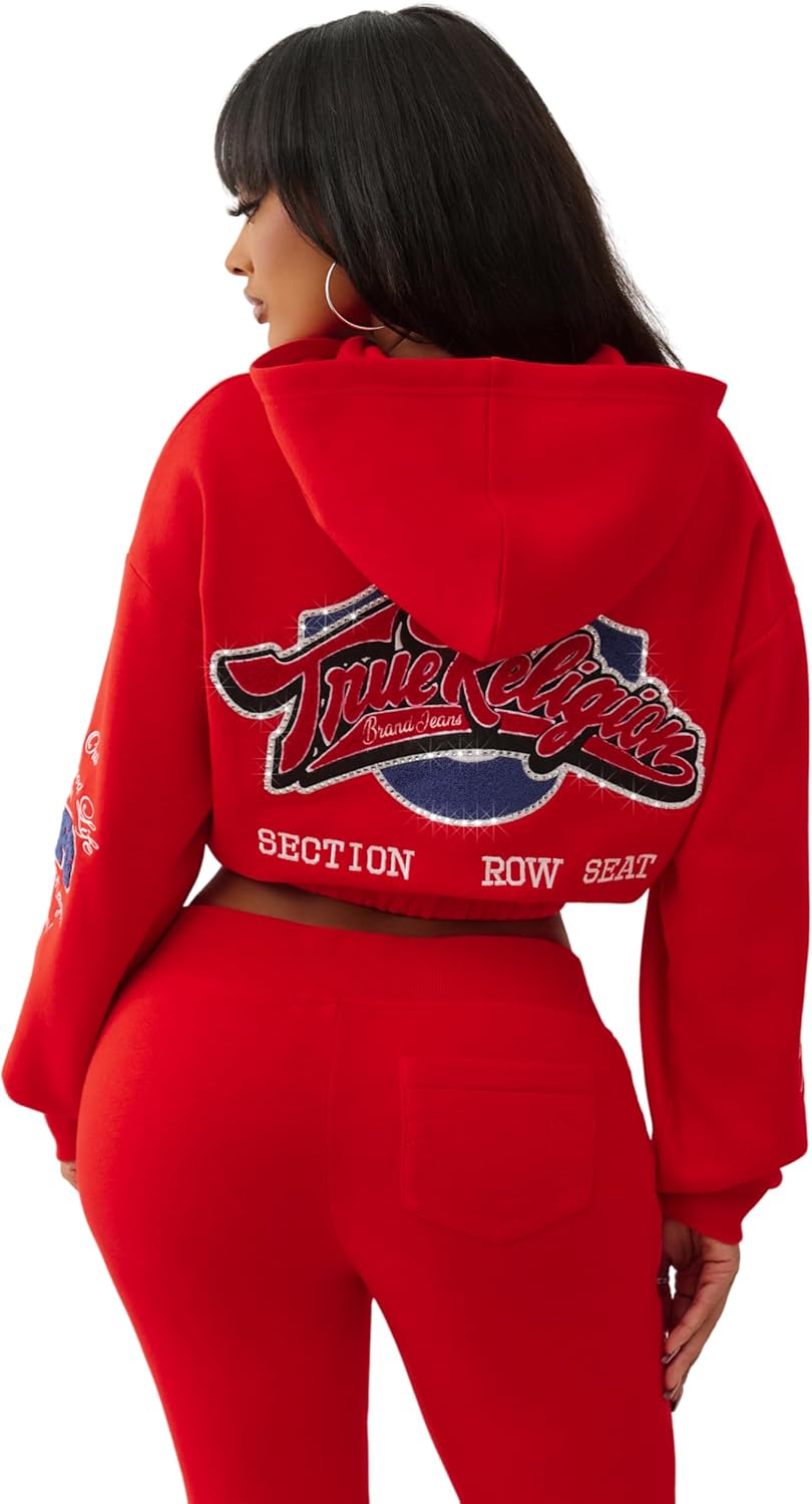 True Religion Women's Crystal Patched Zip Hoodie – Full Zip Fleece Sweatshirt with Rhinestone Logo - Image 4