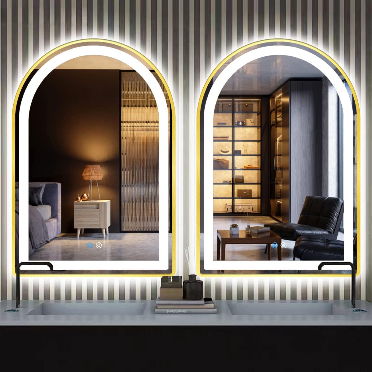 20 x 30 Inch Gold Framed Arch LED Mirror for Bathroom Salon Wall Table Arch Makeup Vanity Mirror with Lights Gold Frame Smart Memory 3 Color Dimmable AntiFog 30 Golden Arched Lighted Mirror