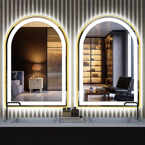 Miniatura 7 de Espejo LED de arco con marco dorado de 20 x 30 pulgadas para baño, salón, mesa de pared, espejo de tocador de maquillaje con luces, marco dorado,