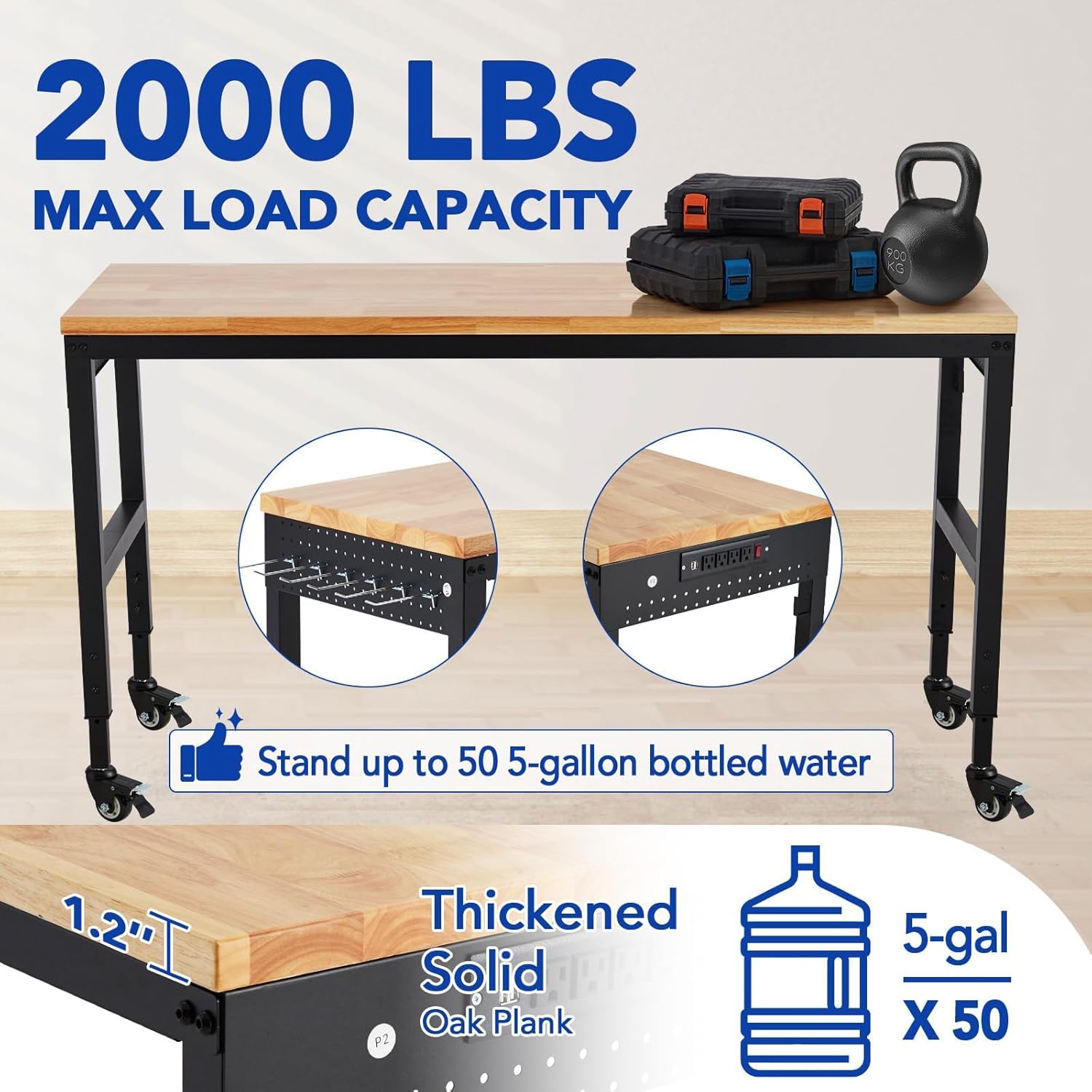 Workbench Adjustable 75 ft x 25 ft, 2000 LBS Load Capacity, 29.5 in-38.4 in Heights Garage Worktable with Universal Wheels & Power Outlet, Heavy-Duty Table for Workshop Office Home Commercial