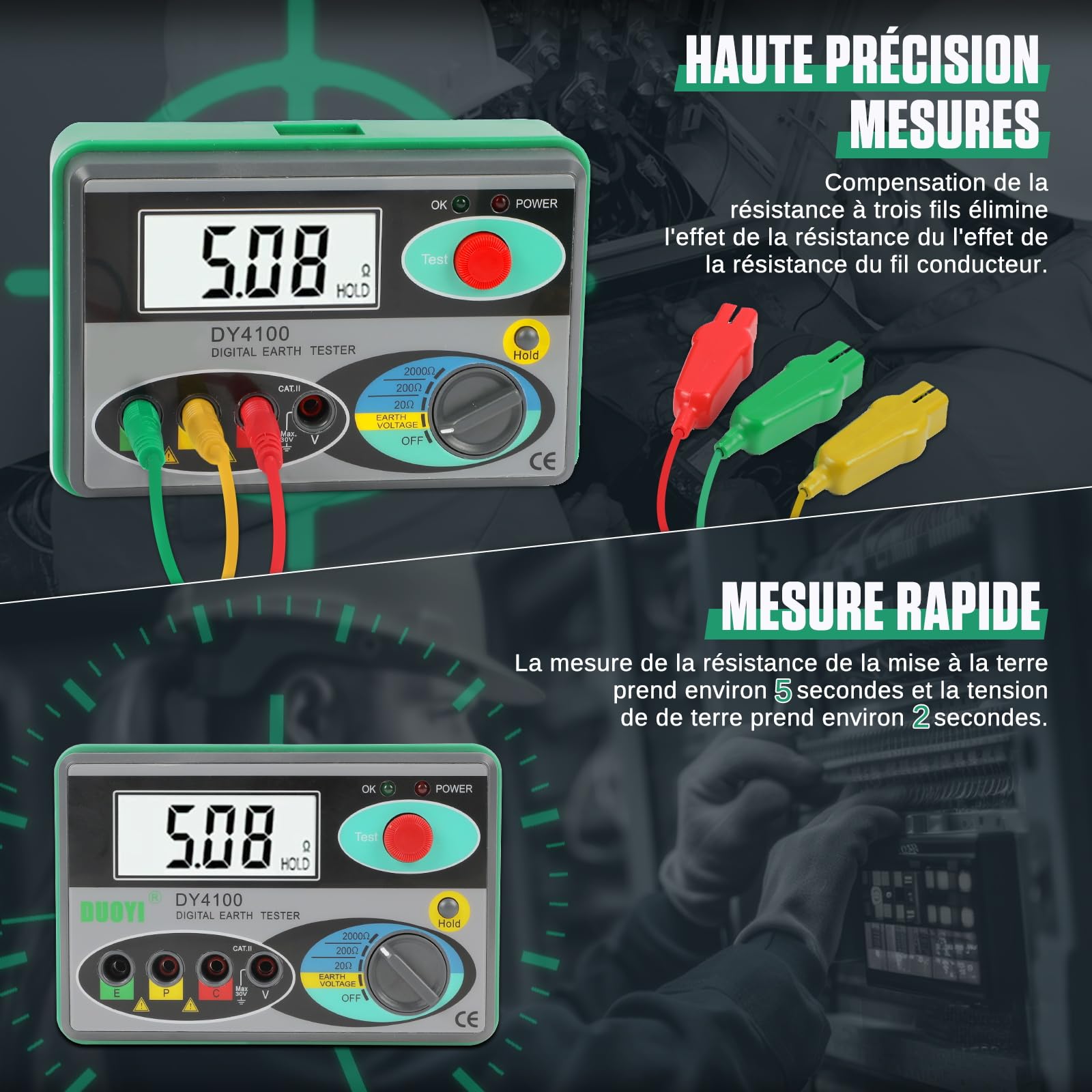 KAISAL Testeur de Terre et de Résistance Electrique 0~2000Ω Testeur de Résistance à la Terre Digital LCD Machines de Mesure de la Résistance du Sol Mégohmmètre
