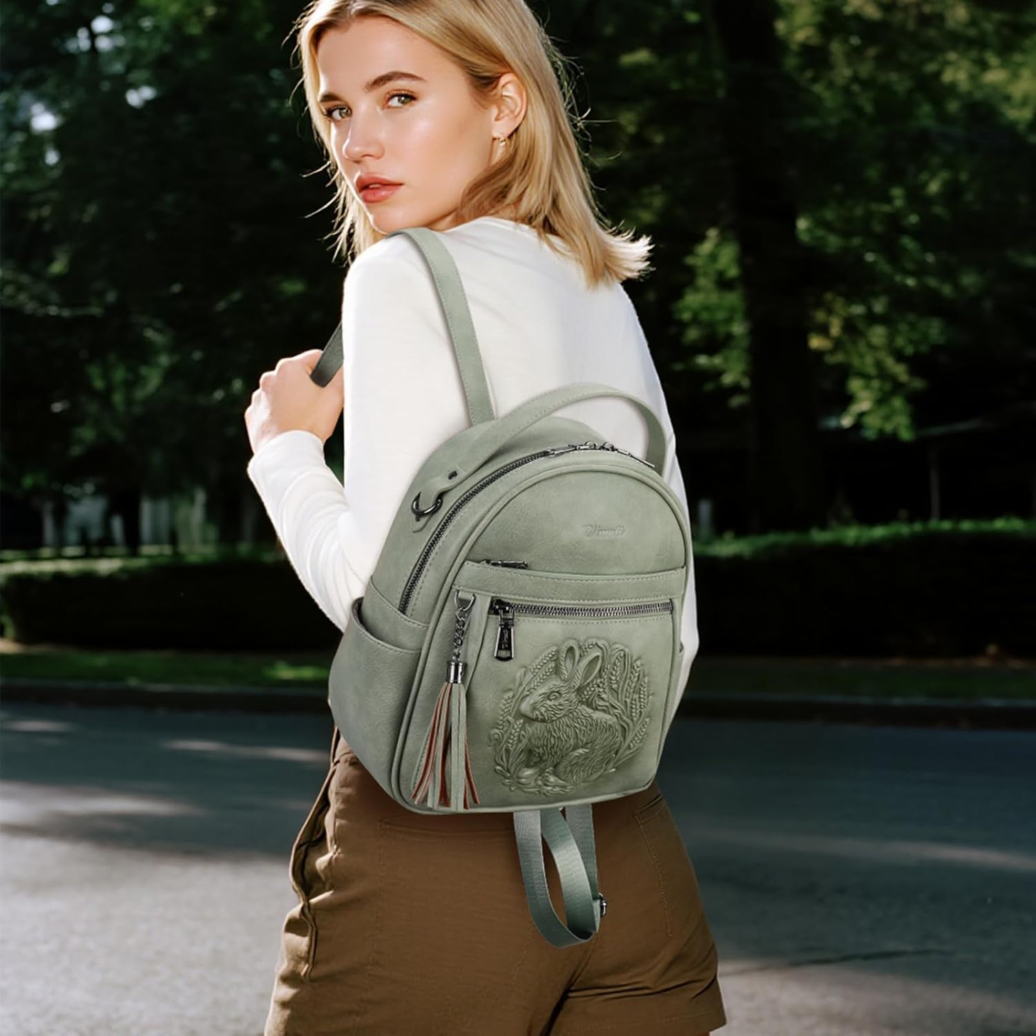 Mini Backpack Purse for Women,Embossed Leather Small Backpack Fashion Travel Backpacks Daypacks Shoulder Handbag (GREEN-Rabbit) - Image 2