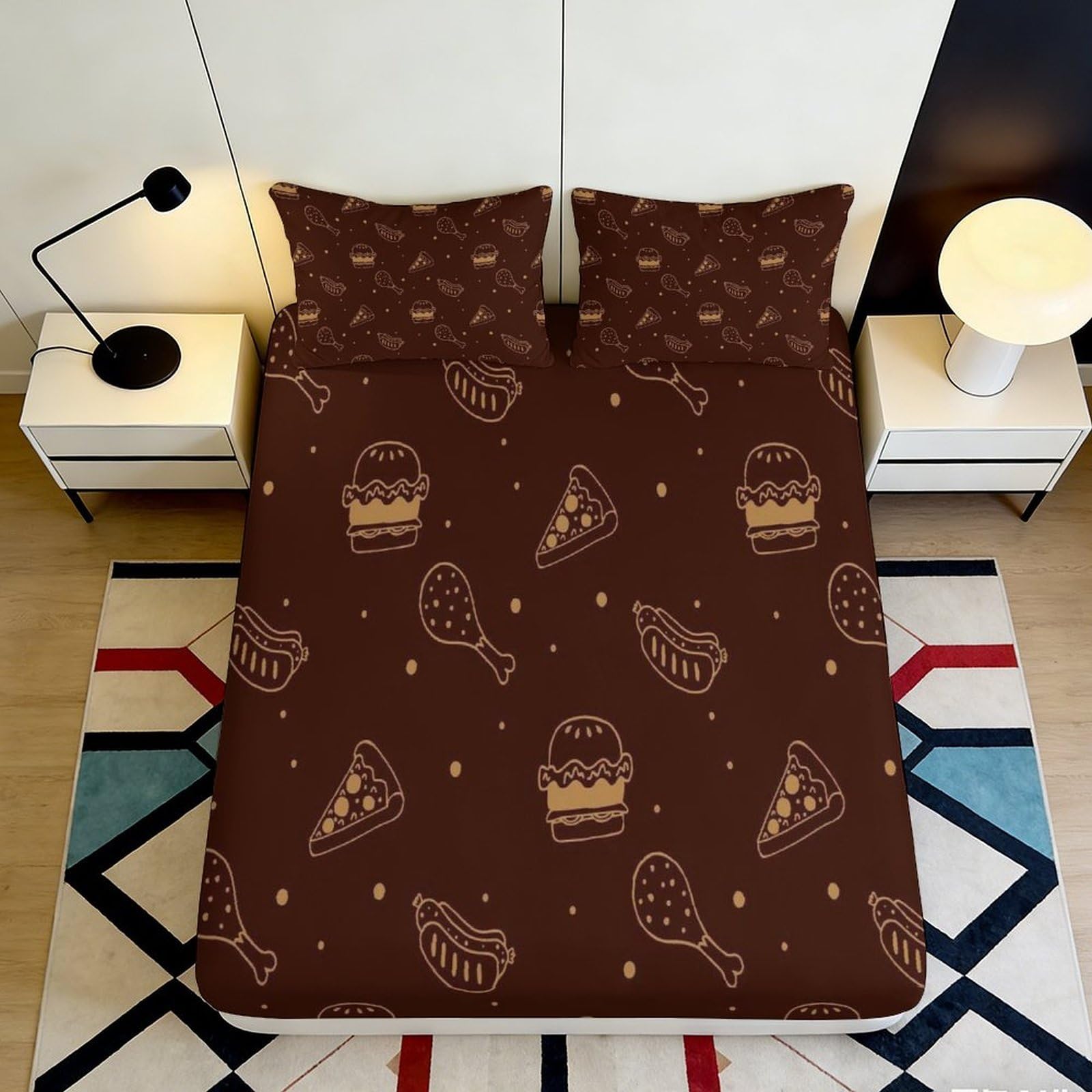 Pnayamiorkfel Style-8 3D Printed Fast Food Pattern Fitted Sheet Microfiber Brown Pizza Burger Bed Cover For Bedroom Guest Room Decor 90X200x25cm