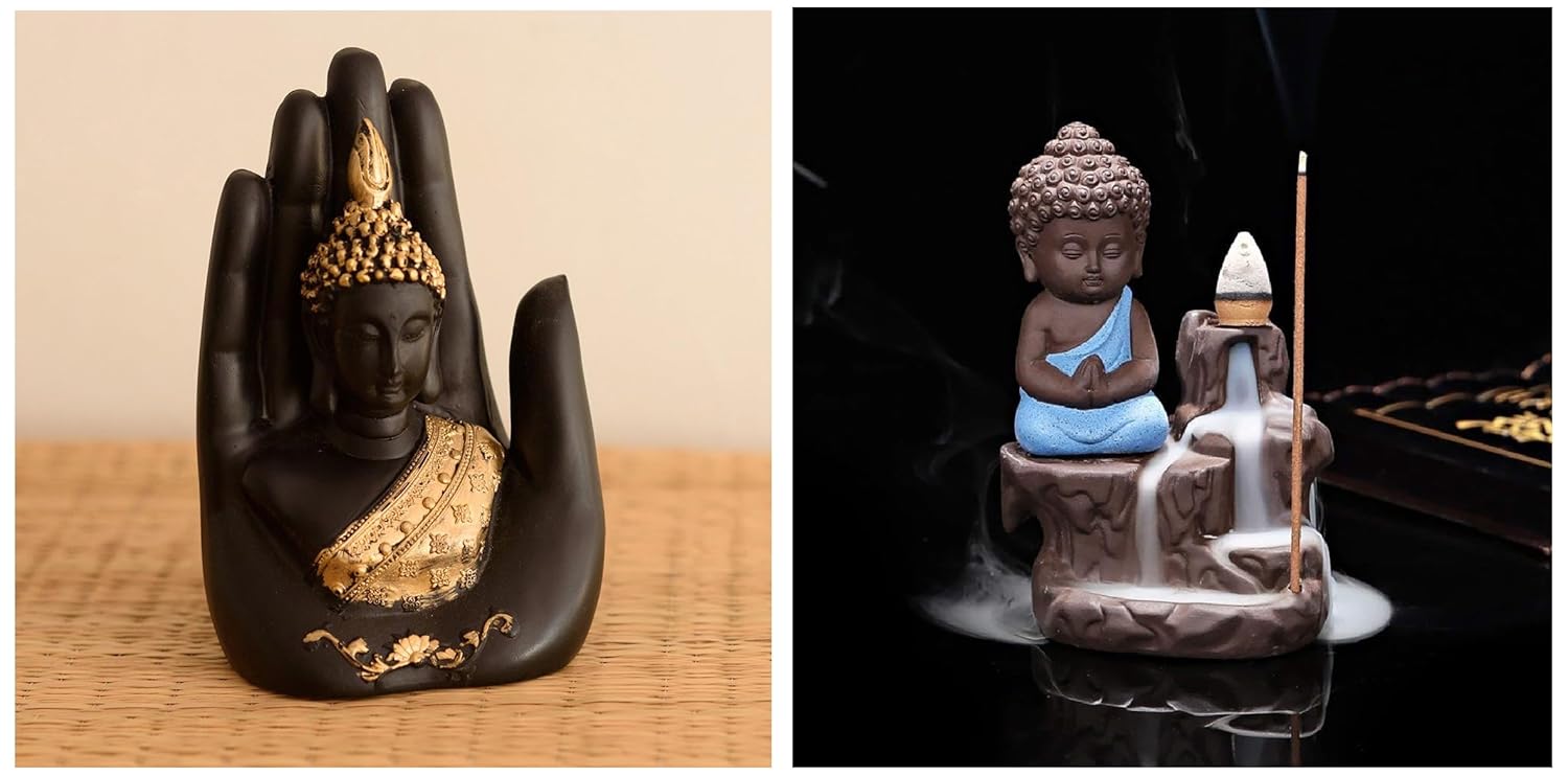 eCraftIndia Golden Handcrafted Palm Buddha Polyresin Showpiece Meditating Monk Buddha Smoke Backflow Cone Incense Holder Decorative Showpiece