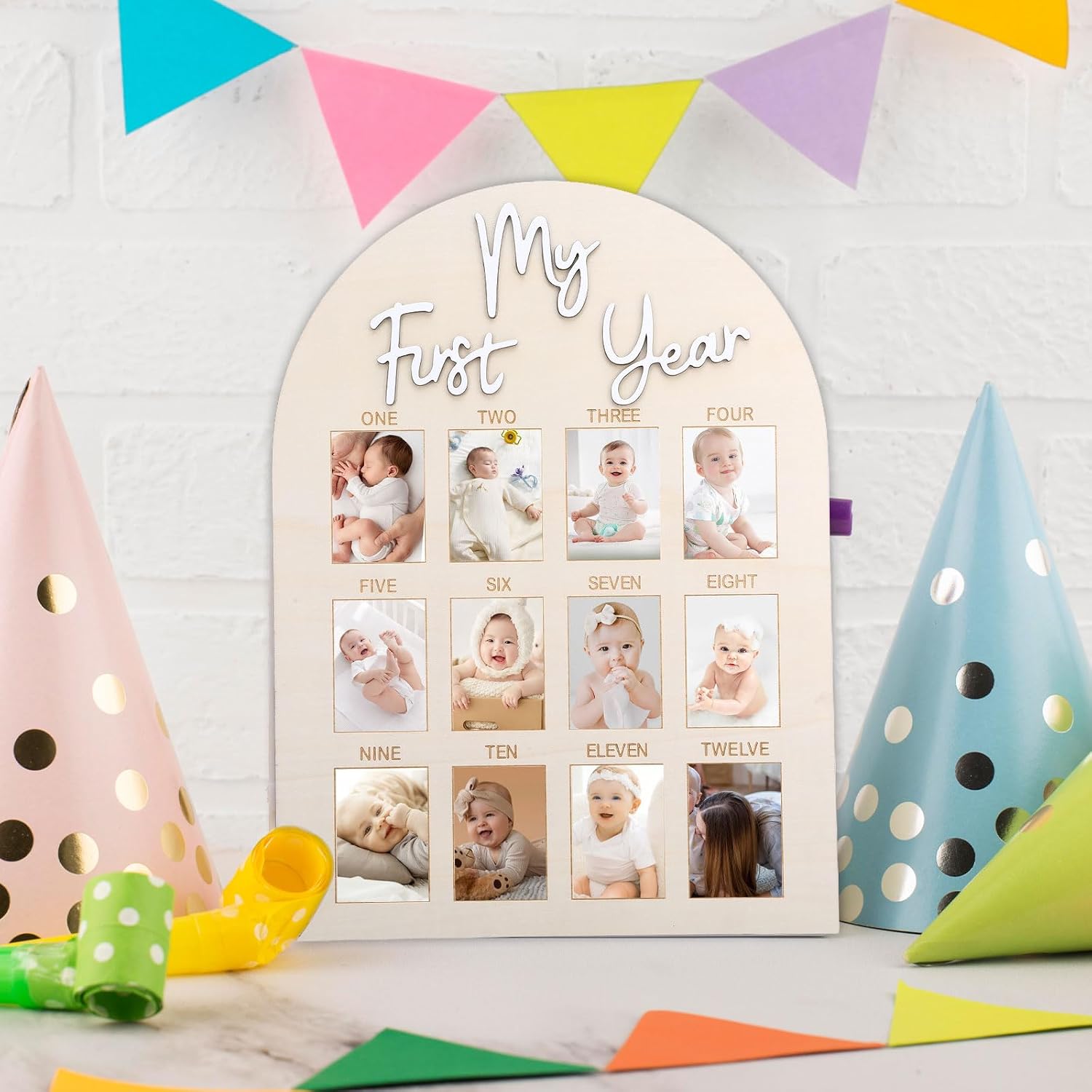 One Year Birthday Wooden Photo Board,My First Year Milestones Photo Board,12 Monthly Picture Frame Baby First year Wood Acrylic Sign 1st Birthday Decorations Baby Keepsake Gifts
