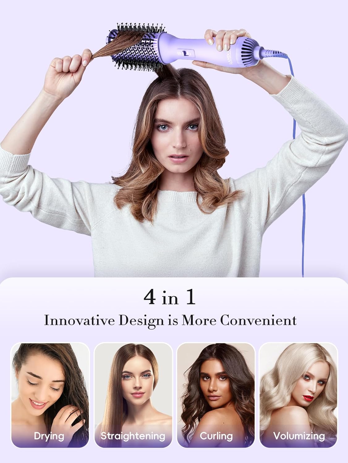 LANDOT 4-in-1 Blow Dryer Brush for Thick & Coarse Hair, Powerful Blowout Brush Styler with 60mm Oval Barrel,Fast Hair Drying & Frizz Control for Salon-Smooth and Manageable Hair at Home - Image 3