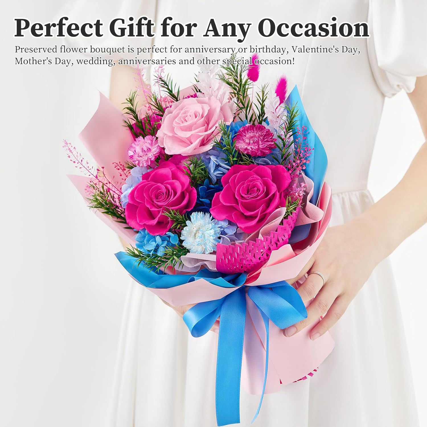 Preserved Flowers Bouquet(Hot Pink+Blue)