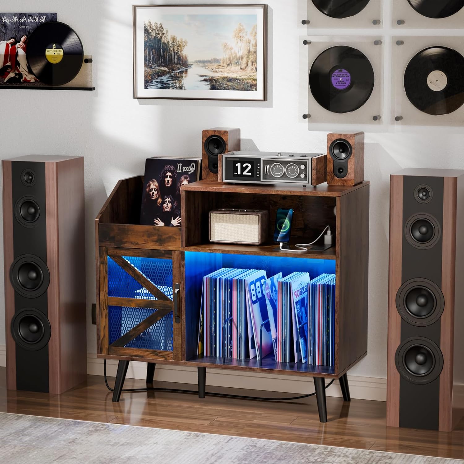 Loomie Large Rustic Record Player Stand with Power Outlet & LED Light, 350 Vinyl Record Storage Cabinet with Magnetic Door, Turntable Table with Wood Legs for Living Room (Rustic)