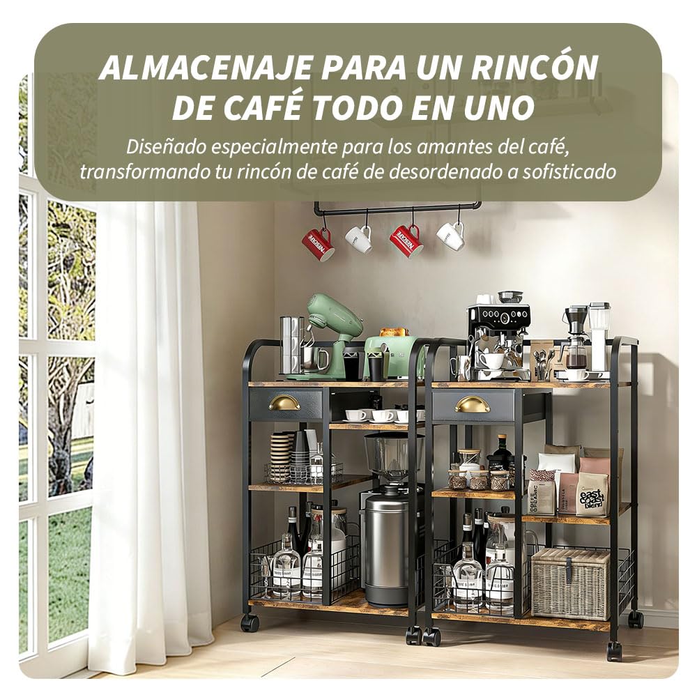 Carrito de Café con Cajón de Almacenamiento, 4 Niveles Ajustables | Barra de Café Móvil con Ruedas, Mesa Auxiliar de , Estación de Café Rústica de Madera Para Cocina, Entrada, Salón o Comedor