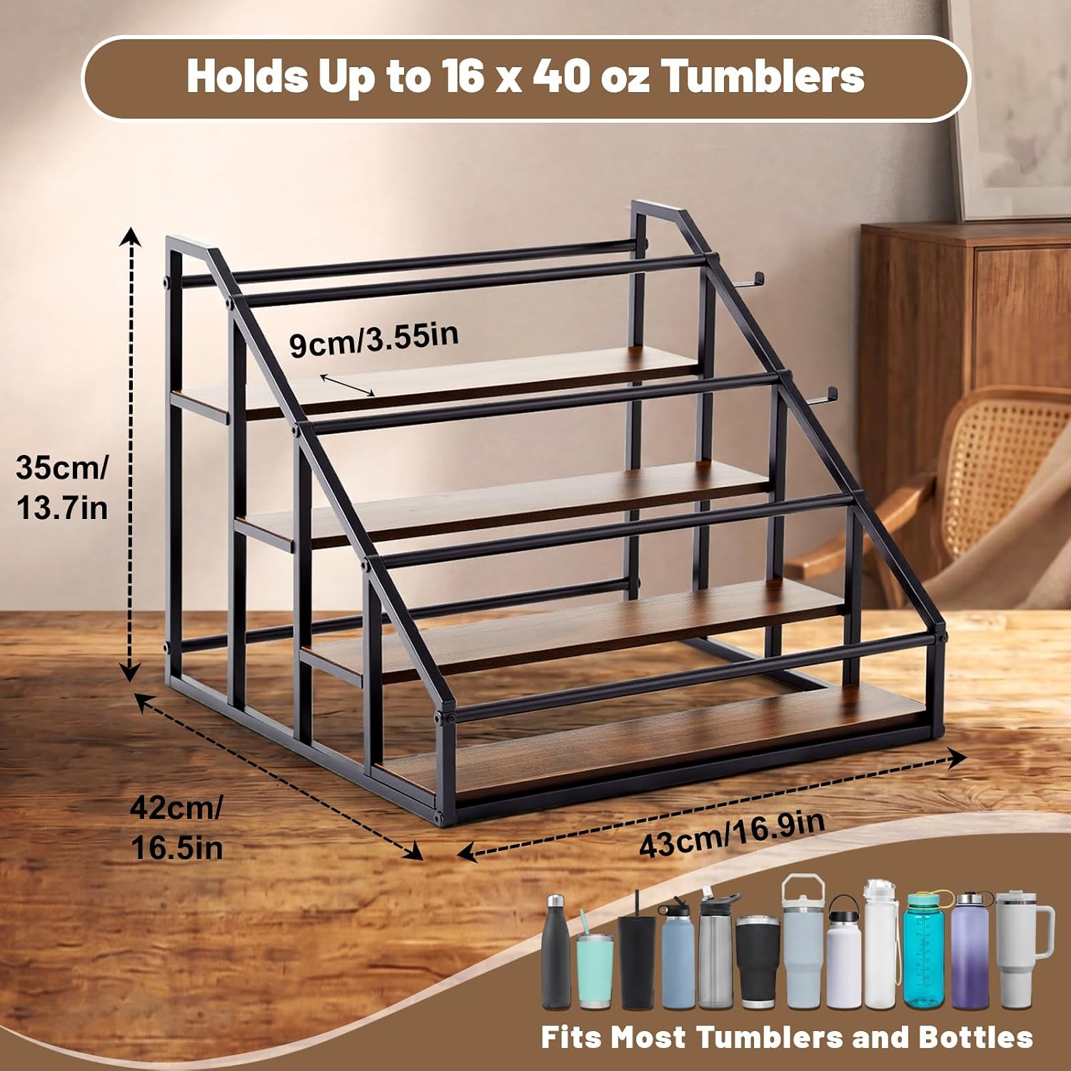 Nuanchu 4 Tier Water Bottle Organizer, 40 oz Large Handled Tumbler Organizer Holder for 16 Cups, Large Metal Cup Holder for Kitchen Cabinet Countertop Pantry, Bottle Storage Stand Gift for Family