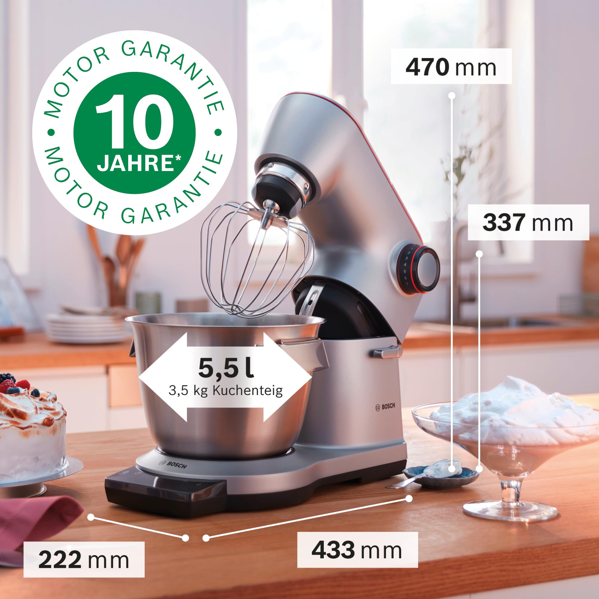 Bosch Küchenmaschine Serie 8 MUM9DT5S41, Edelstahl-Schüssel 5,5 L, integrierter Timer, ohne Waage, diverses Zubehör, Planetenrührwerk, Profi-Knethaken, Schlag-, Silikonbesen Edelstahl, 1600 W, silber