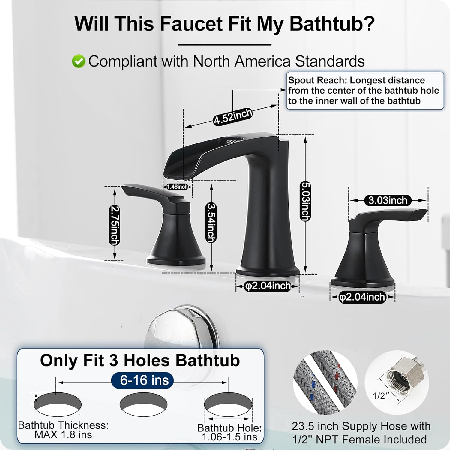 Roman Waterfall Bathtub Faucets, Brass High Flow Bathtub Faucet 3 Hole 6-16 Inch, Waterfall Bathroom Faucet, Brass Widespread Black Faucet Bathroom, 4-8 Inch Bathroom Sink Faucet 3 Hole