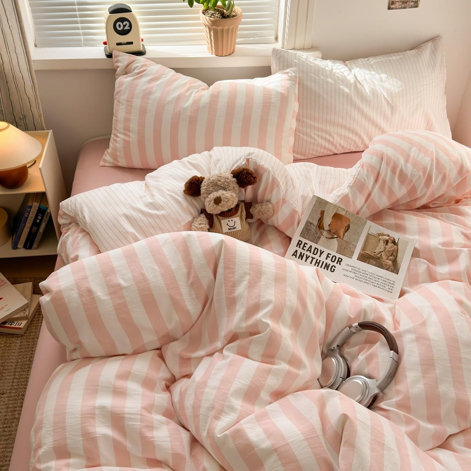 Striped Duvet Cover Set Queen Size Pink White Striped Bedding Set