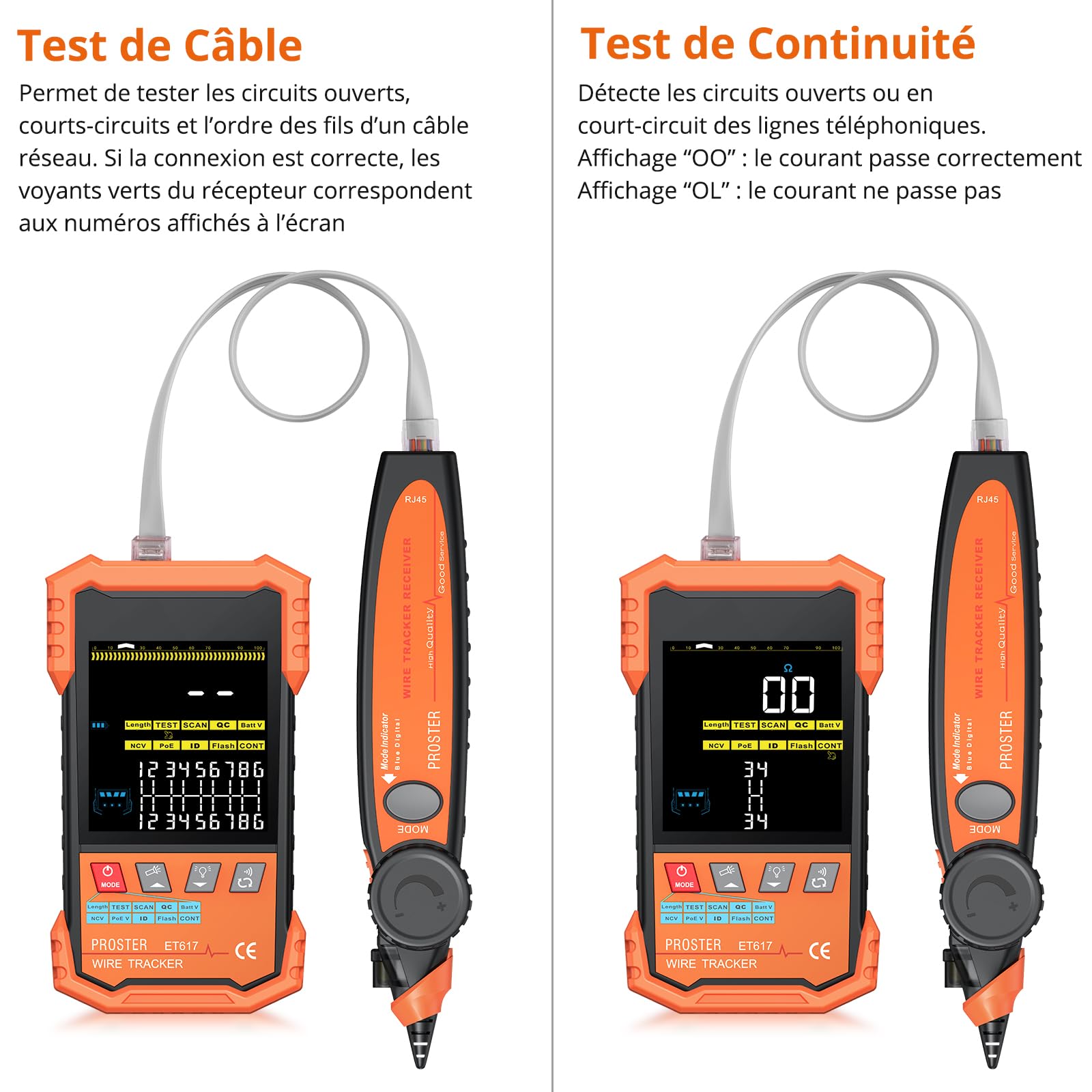 Proster Testeur de Câble Réseau PoE Testeur Numérique et Analogique avec Écran VA Couleur, Mesure de Longueur de Câble et de Tension, Câble RJ45 RJ11, Outil Multifonction pour Installation Réseau