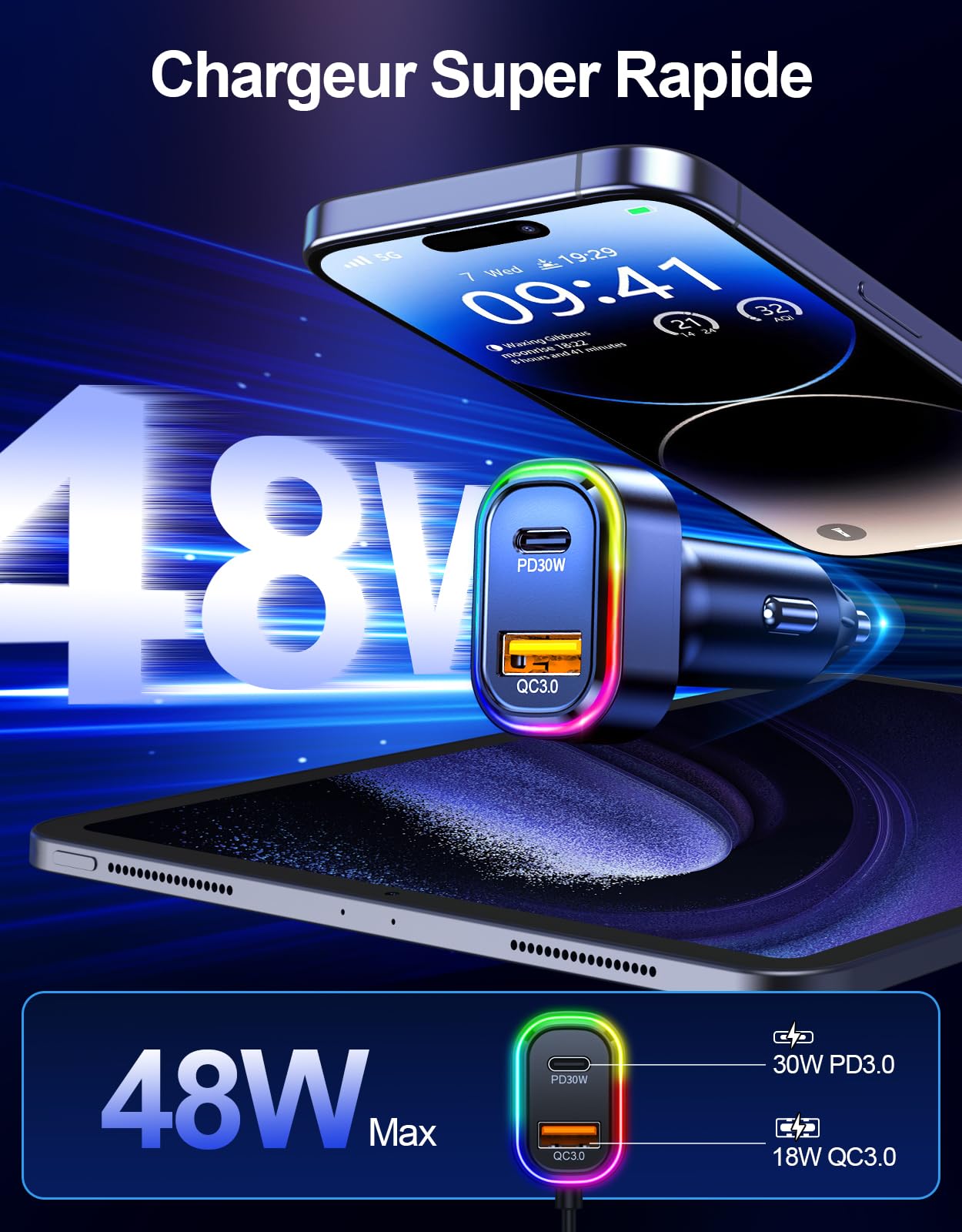 ISEYOU Transmetteur FM Bluetooth 5.3, 【Basse & HiFi Musique】 Adaptateur Bluetooth Voiture, 【30W PD & 18W QC】 Allume Cigare Chargeur Rapide, Appels Mains Libres, Anneau Lumineux Coloré RGB