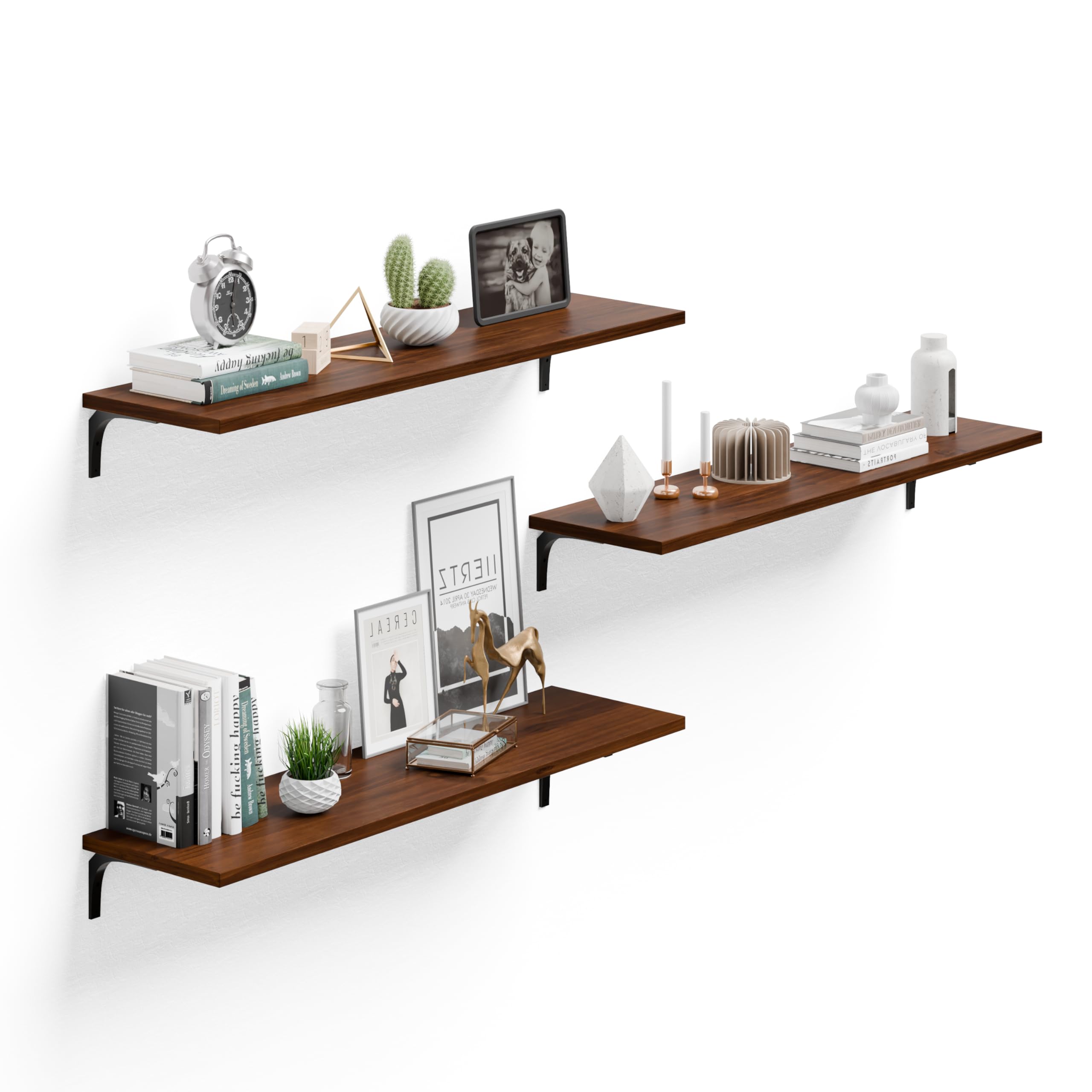 12 Inch Deep Floating Shelves Set of 3, 36" Extra Wide Solid Wood Wall Shelves, 100 lbs Heavy Duty Farmhouse Bookshelf for Living Room, Kitchen, Bedroom - Rustic Walnut