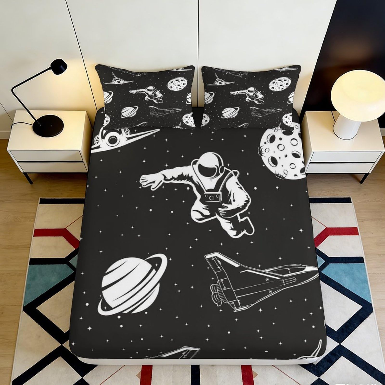 Pnayamiorkfel Style-6 3D Printed Space Astronaut Fitted Sheet Microfiber Soft Black Universe Rocket Bed Cover For Bedroom Guest Room Decor 90X200x25cm