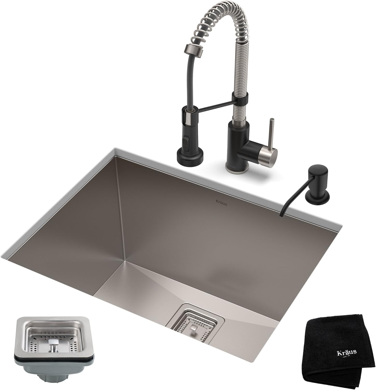 KRAUS 24-inch 18 Gauge Pax Laundry and Utility Sink Combo Set with Bolden 18-inch Kitchen Faucet and Soap Dispenser, Stainless Steel Matte Black KHU24L-1610-53SSMB