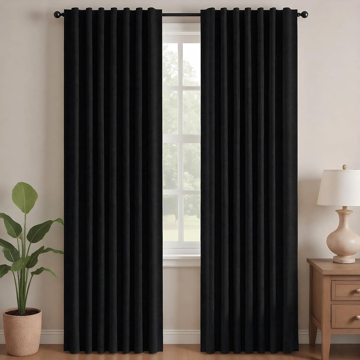 Blackout Curtains for Bedroom, Living Room Curtains 95 Inches Long | Back Tab and Rod Pocket Drapes, Thermal Insulated, Room Darkening, Noise Reducing, Window Panels, Black, 52 x 95 Inch