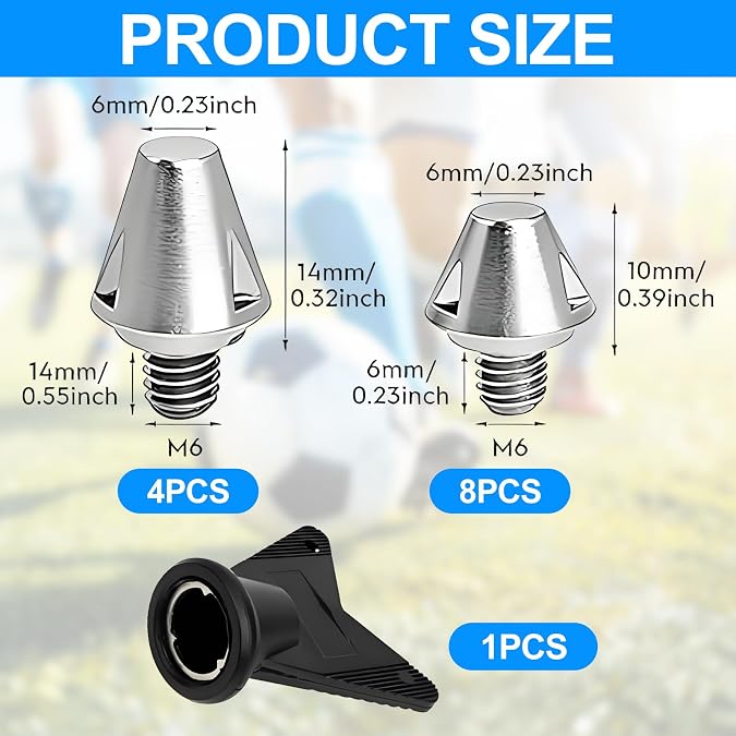 12PCS M6 Replacement SG Studs, 4PCS 14mm + 8PCS 10mm Football Boot Studs, Compatible with adidas M6 Thread Soccer & Rugby Boots, Soft Ground SG Cleats with Wrench Sliver