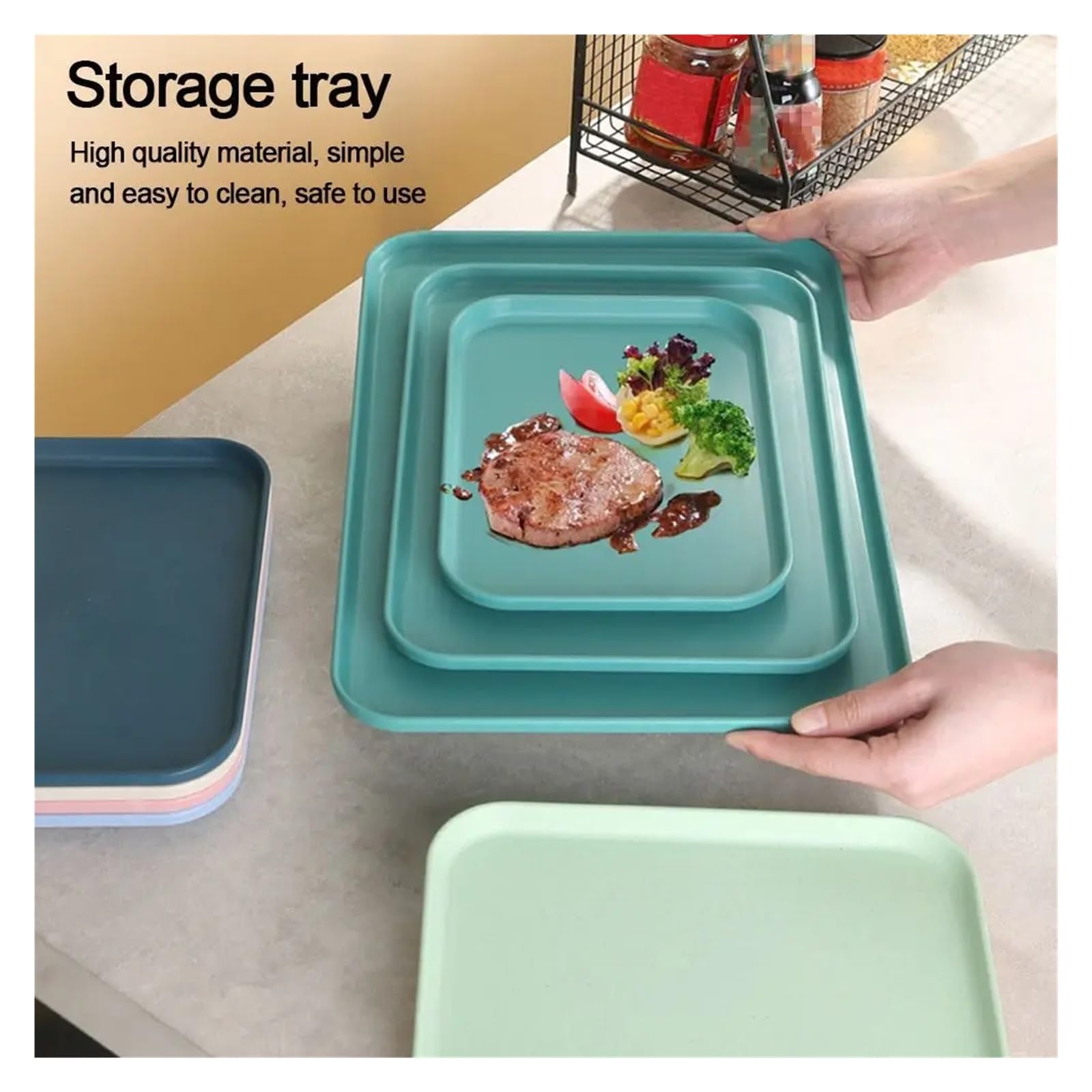 Vassoio per alimenti in plastica trasparente, rettangolare, per pane, buffet e hotel, colori assortiti, facile da pulire, ideale per catering ed eventi.