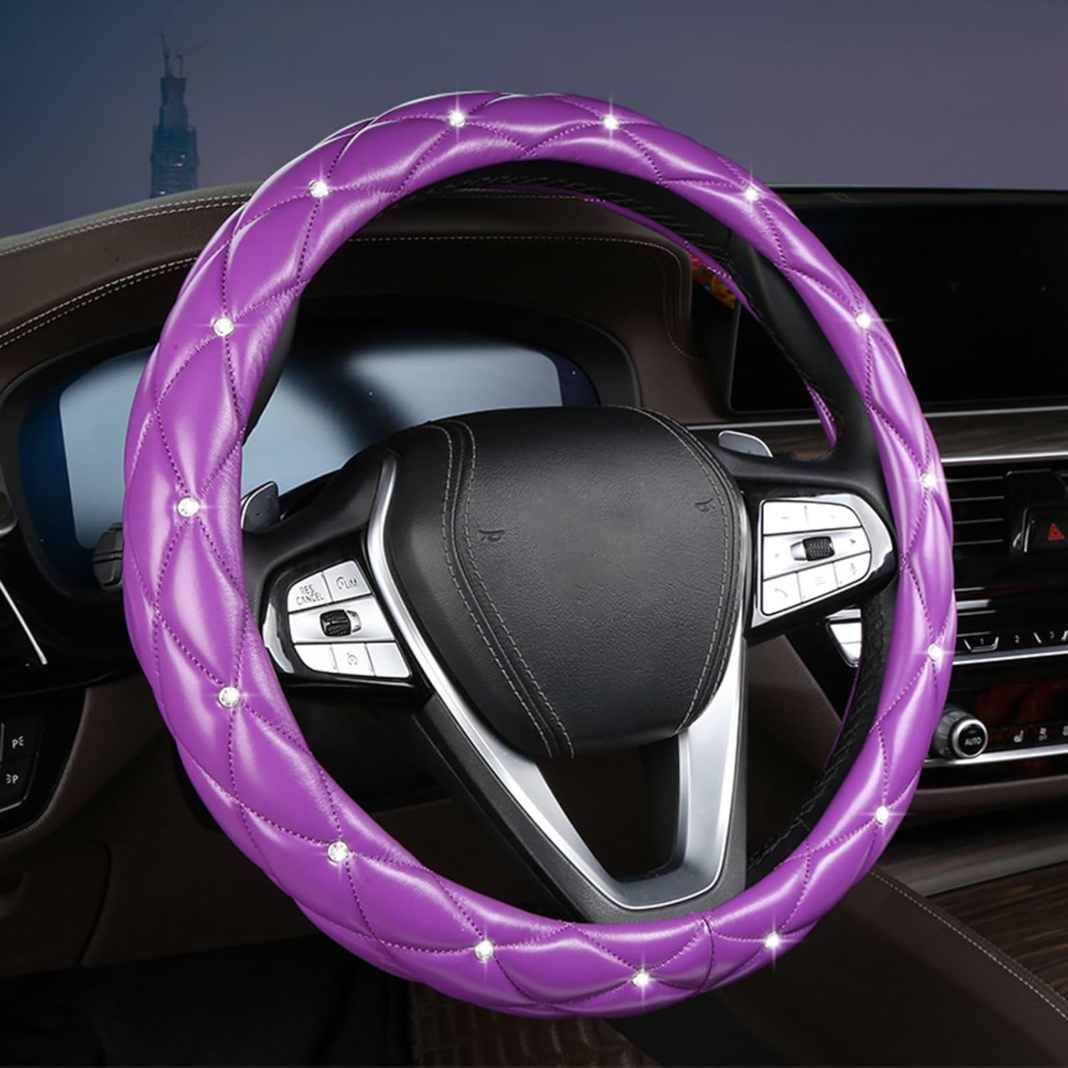 Diamond Steering Wheel Cover with Crystal Rhinestones for Car Interior Accessories Anti-Slip Faux Leather Auto Universal Fit 15 Inch (Pink)
