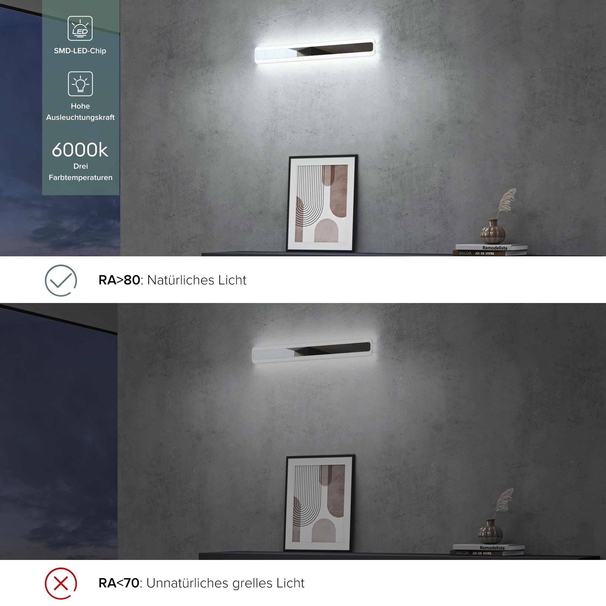 doporro LED Spiegelleuchte Badezimmerleuchte Chrom 60cm - 20W Spiegellampe 3000K-6000K - Stylische Wandleuchte für Badbeleuchtung LumaRay