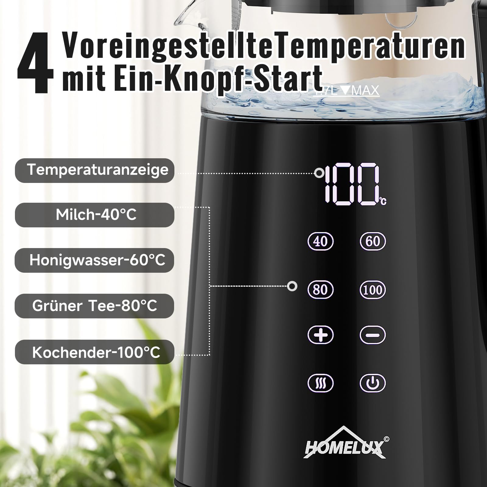 Szklany czajnik elektryczny 2200 W, 1,7 l + 1 l, dzbanek do herbaty z funkcją utrzymania ciepła i lejkiem do herbaty, czajnik z podstawą 360°, bez BPA, ochrona przed pracą na sucho, automatyczne