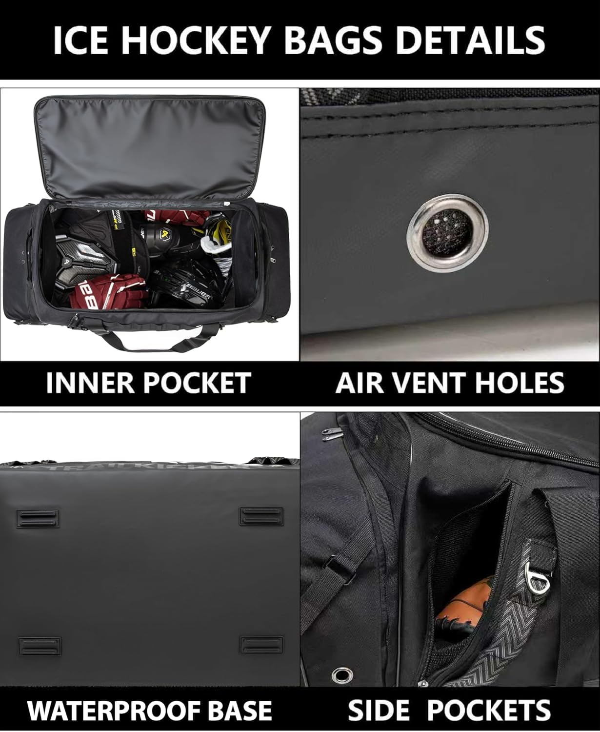 TRAILKICKER Bolsa de Hockey Sobre Césped Extra Grande - Capacidad para Todos los Equipos - Dos Soportes para Palos y Compartimento Separado para Tacos - Negro