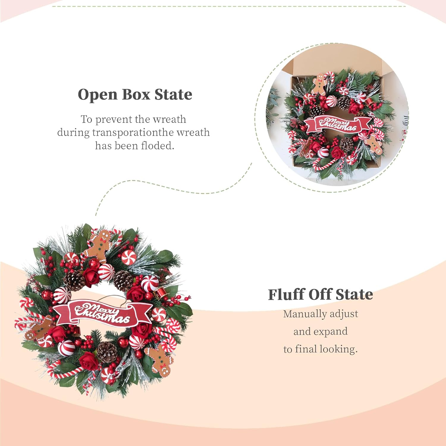 24-inch Christmas Wreath Merry Christmas Logo Front Door Wreath with Berries Candies Flashing Balls Gingerbread Men Red Holiday Party Decoration Door Fireplace Indoor Outdoor Decoration - Image 4