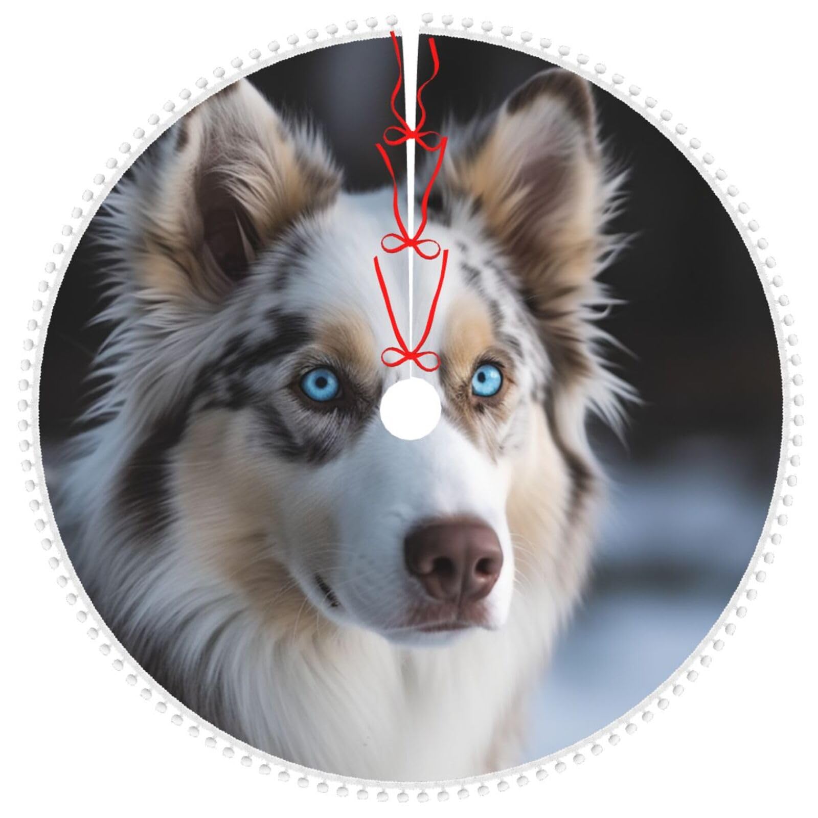 Jupe de sapin de Noël en peluche douce 122 cm chic motif chien aux yeux bleus