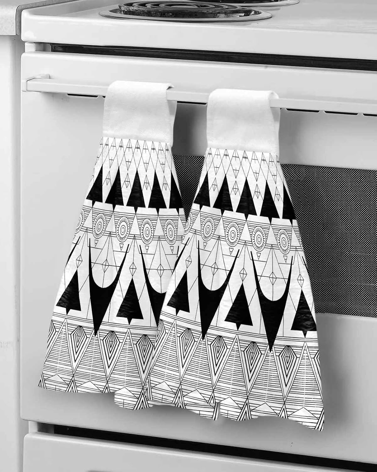 Black White Geometric Kitchen Hand Towels with Hanging Loops Set of 2 Vintage Art Striped Soft Thick Oven Fingertip Dry Microfiber Tie Dish Towel Absorbent Cleaning Washcloth for Bathroom Kitchen