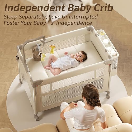 Miniatura 5 de 4 en 1 corralito para bebé, Pack and Play: moisés de noche ajustable en altura de 4 niveles, cuna de viaje plegable de un solo toque con cambiador,