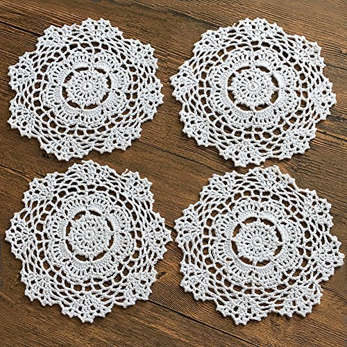 Gracebuy Pack Of 4Pcs White 7 Inch Round Handmade Crochet Lace Placemats Coasters #TOP3