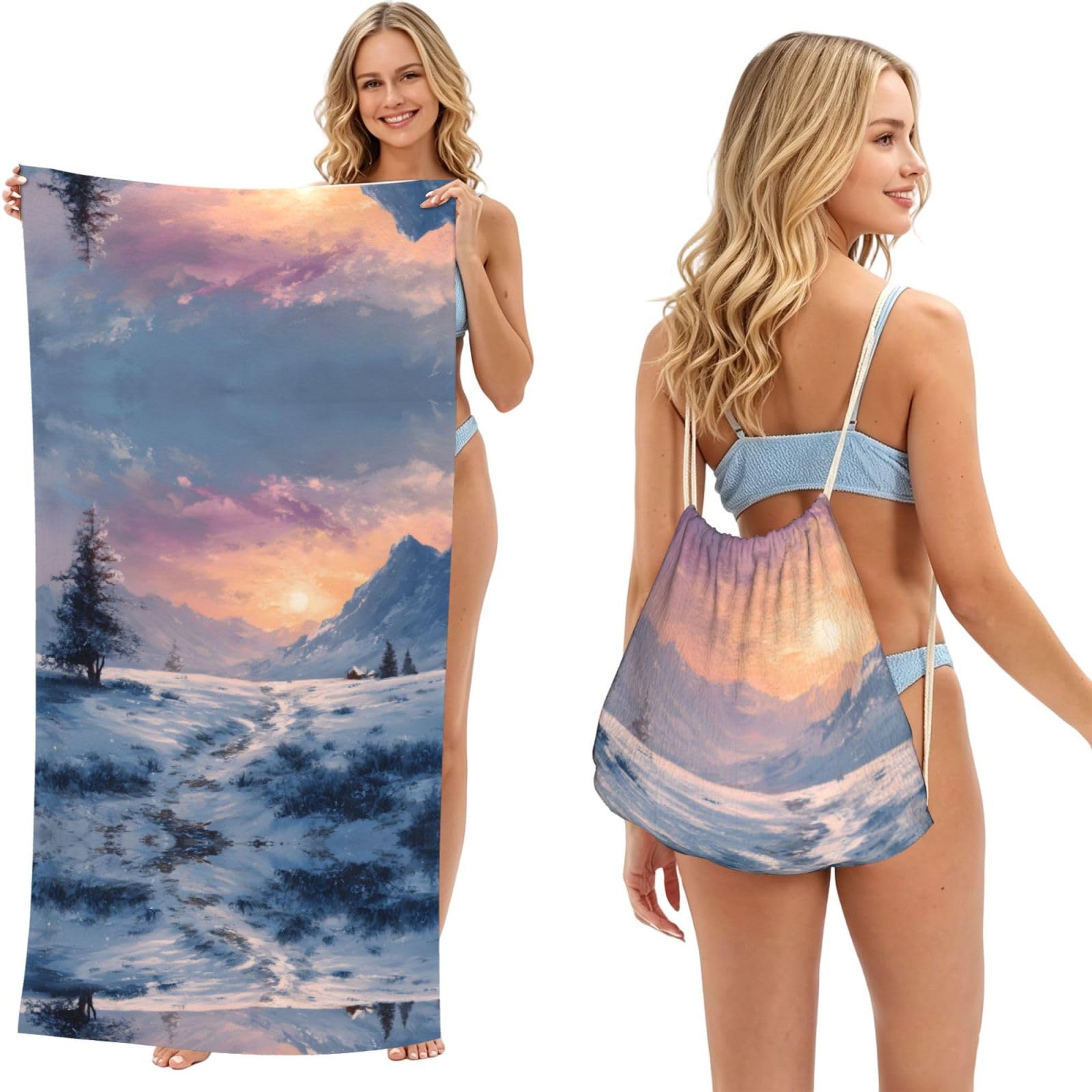 ESNAIUVCD Winter Snow Scenery Print Beach Towel For Adults,Towel With Drawstring Bag, Travel Pool Swimming Sports Shower Sand Free Quick Dry Bath Towel For Pool, Beach, Yoga- 180x60cm
