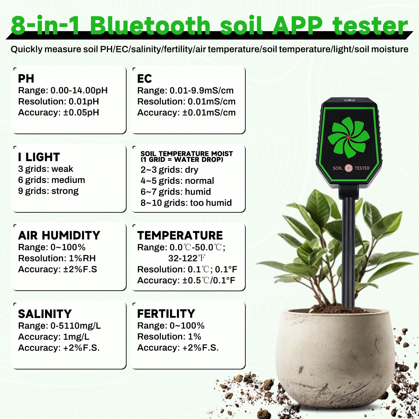 8 In1 Testeur ph Sol Testeur humidité Plante Hygrometre Plante PH/EC/salinité/fertilité/température de l'air/température du Sol/lumière/humidité du Sol Se connecte à l'application Mobile.