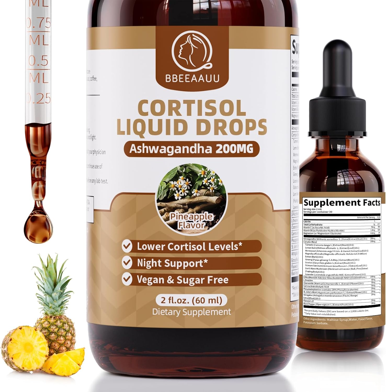 Cortisol Supplements for Women & Men, with 200mg Ashwagandha, L-Theanine & Phosphatidylserine, 21-in-1 Cortisol Manager Reducer Liquid Drops, Support Night, Focus & Energy, Pineapple, 60ml