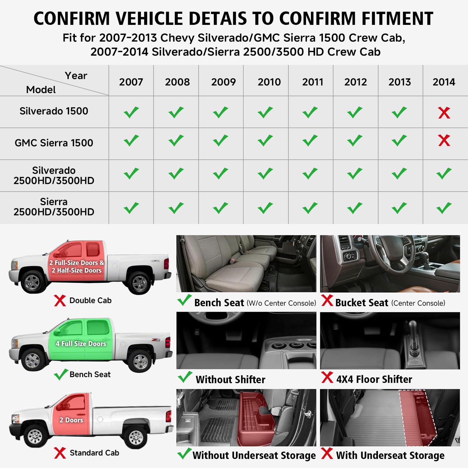 All Weather Car Floor Mats for 2007-2013 Chevy Silverado GMC Sierra 1500 Crew Cab 2007-2014 Silverado Sierra 2500 — view 3