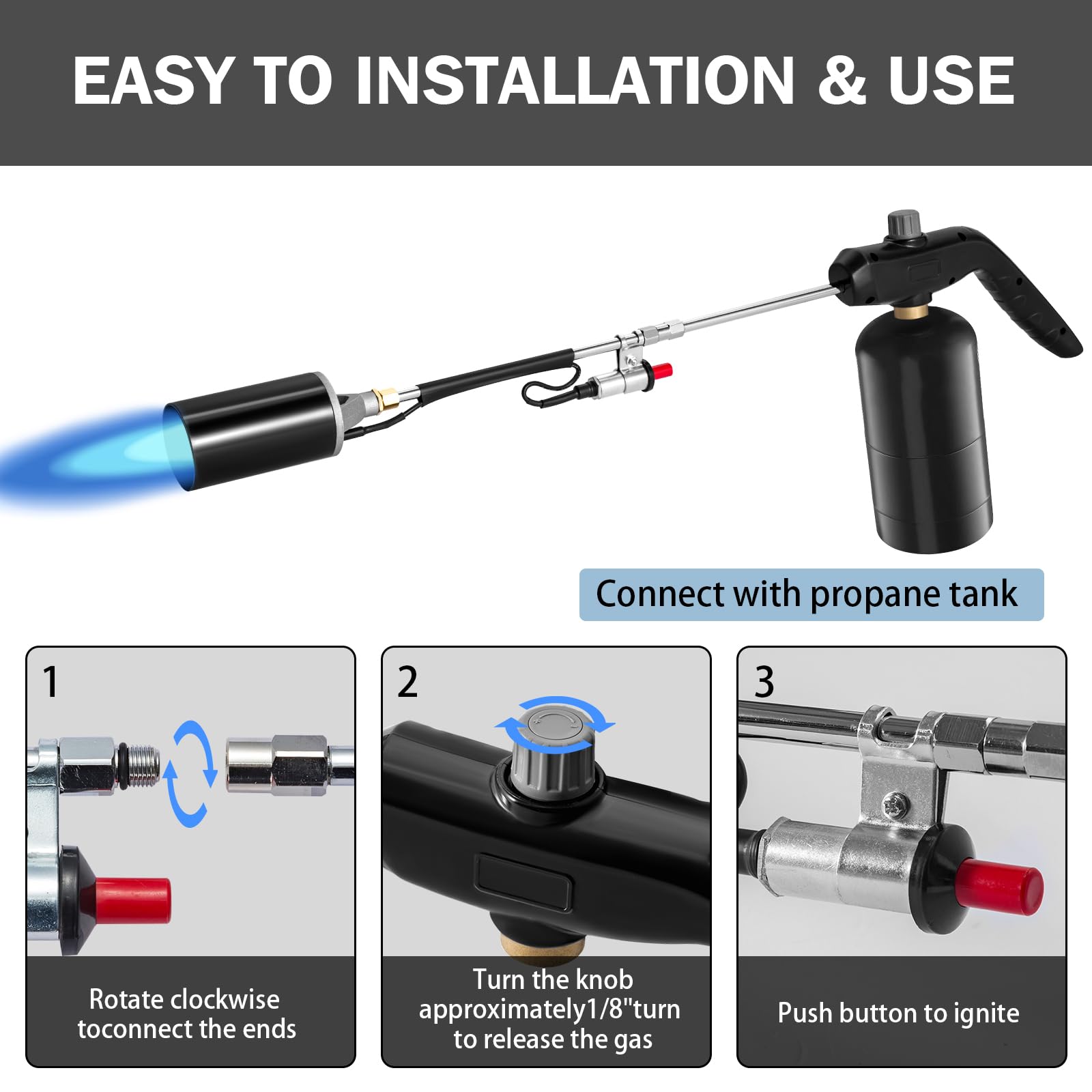 Antorcha de propano para malas hierbas, alta salida de 1200.000 BTU con control de llama, brazo largo desmontable de 76.2 cm para asfalto de techo, nieve helada, marca de carretera, carbón