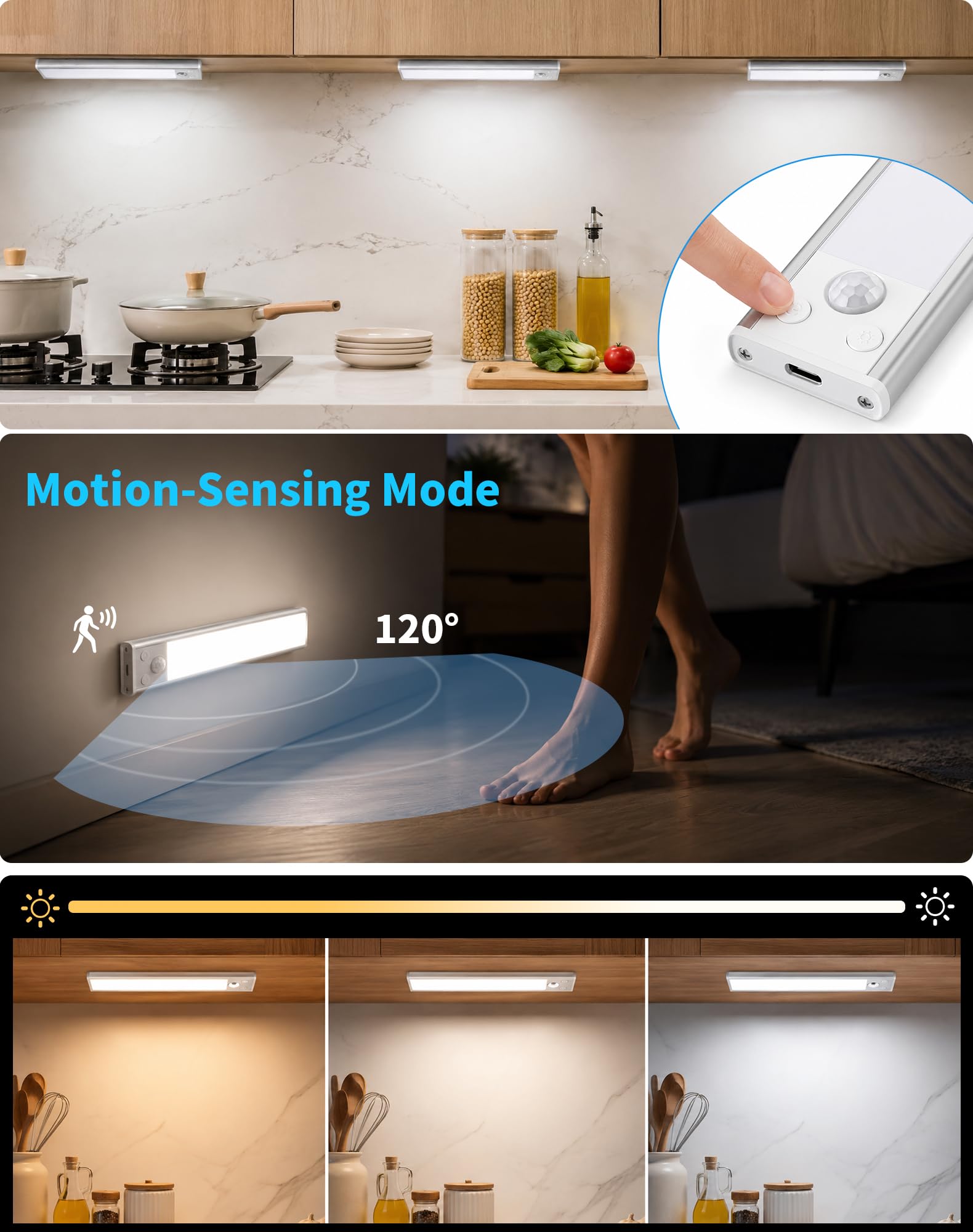 Schrankbeleuchtung Unterbauleuchte Küche LED Lampe - Bewegungsmelder Licht Akku Schrank Beleuchtung - Batterie Leuchte Schranklicht Lichtleiste Kabellos Leiste Küchen USB Light Aufladbar Dimmbar